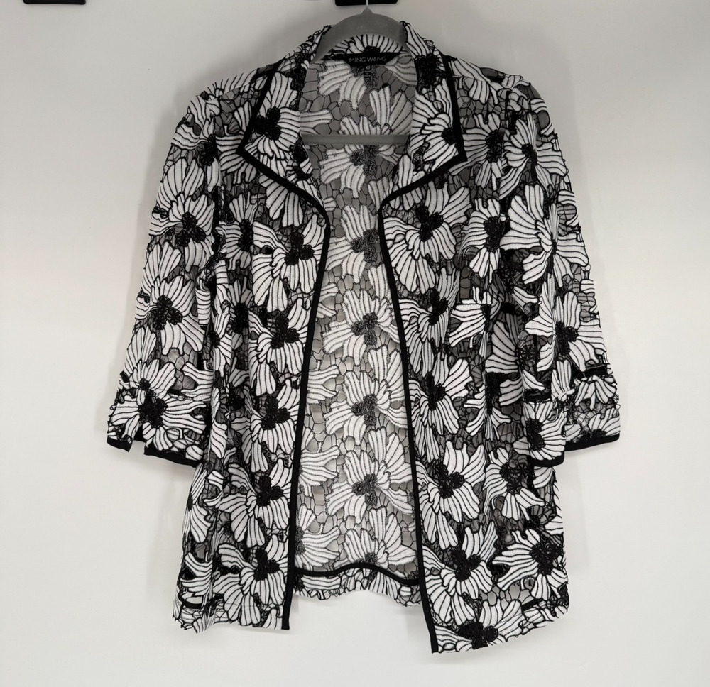 Ming Wang Sheer Lace Jacket Womens XS Black White Floral Open Front 3/4 Sleeves
